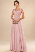 A-Line/Princess Scoop Neck Cap Sleeve Floor-Length Mother of the Bride Dresses with Lace Applique (SHI22500008)