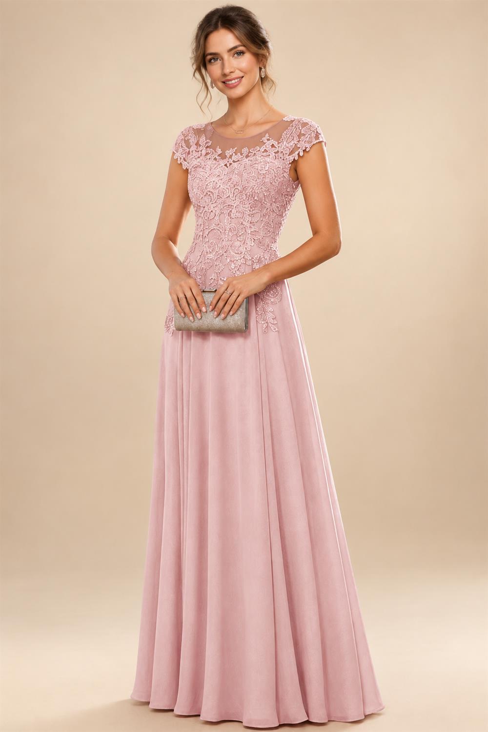 A-Line/Princess Scoop Neck Cap Sleeve Floor-Length Mother of the Bride Dresses with Lace Applique (SHI22500008)