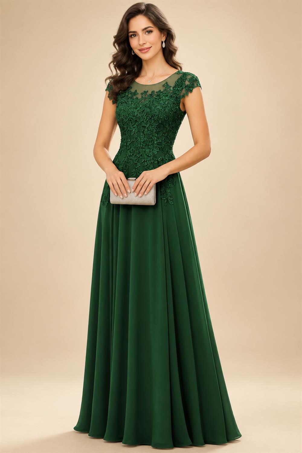 A-Line/Princess Scoop Neck Cap Sleeve Floor-Length Mother of the Bride Dresses with Lace Applique (SHI22500008)