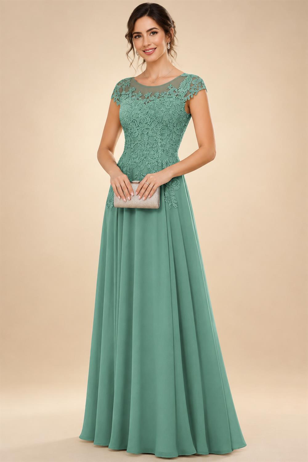 A-Line/Princess Scoop Neck Cap Sleeve Floor-Length Mother of the Bride Dresses with Lace Applique (SHI22500008)