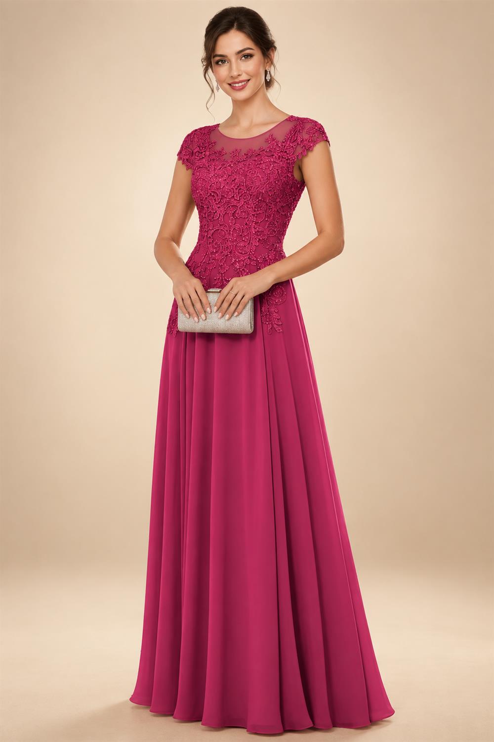 A-Line/Princess Scoop Neck Cap Sleeve Floor-Length Mother of the Bride Dresses with Lace Applique (SHI22500008)