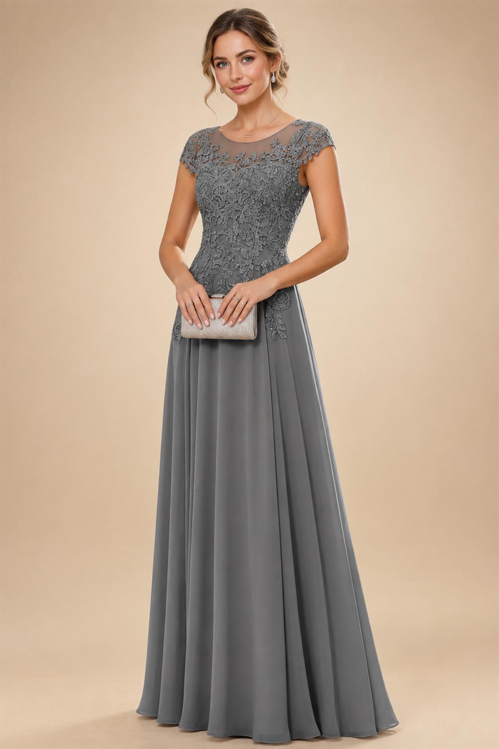 A-Line/Princess Scoop Neck Cap Sleeve Floor-Length Mother of the Bride Dresses with Lace Applique (SHI22500008)