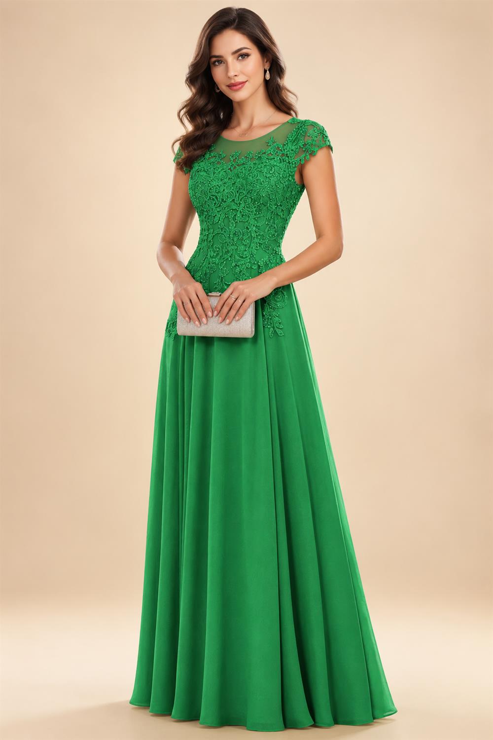 A-Line/Princess Scoop Neck Cap Sleeve Floor-Length Mother of the Bride Dresses with Lace Applique (SHI22500008)