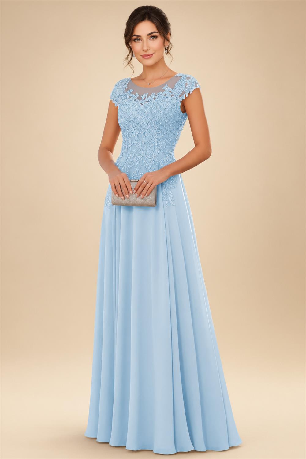 A-Line/Princess Scoop Neck Cap Sleeve Floor-Length Mother of the Bride Dresses with Lace Applique (SHI22500008)