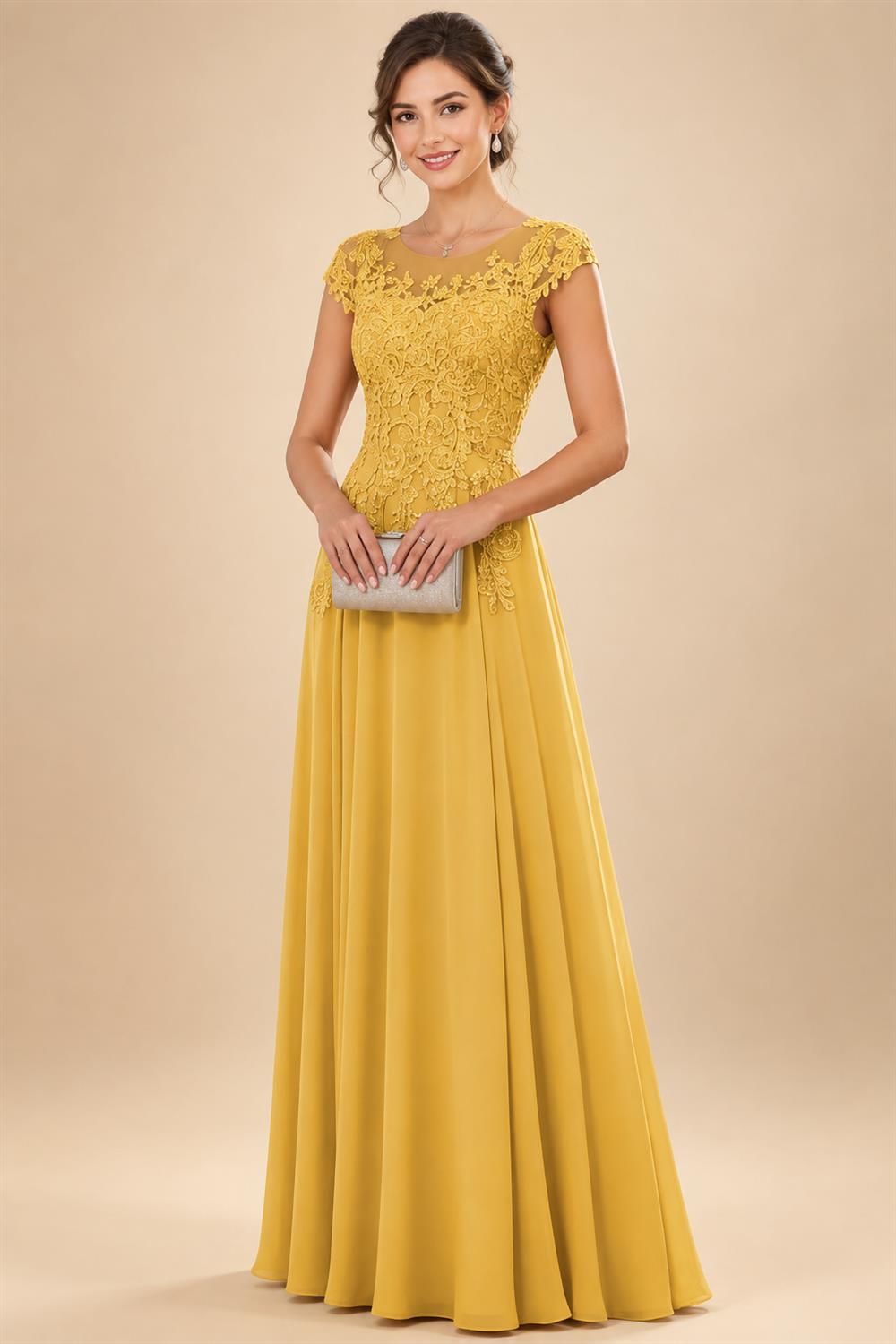 A-Line/Princess Scoop Neck Cap Sleeve Floor-Length Mother of the Bride Dresses with Lace Applique (SHI22500008)