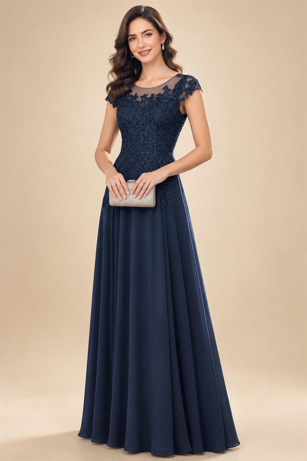 A-Line/Princess Scoop Neck Cap Sleeve Floor-Length Mother of the Bride Dresses with Lace Applique (SHI22500008)