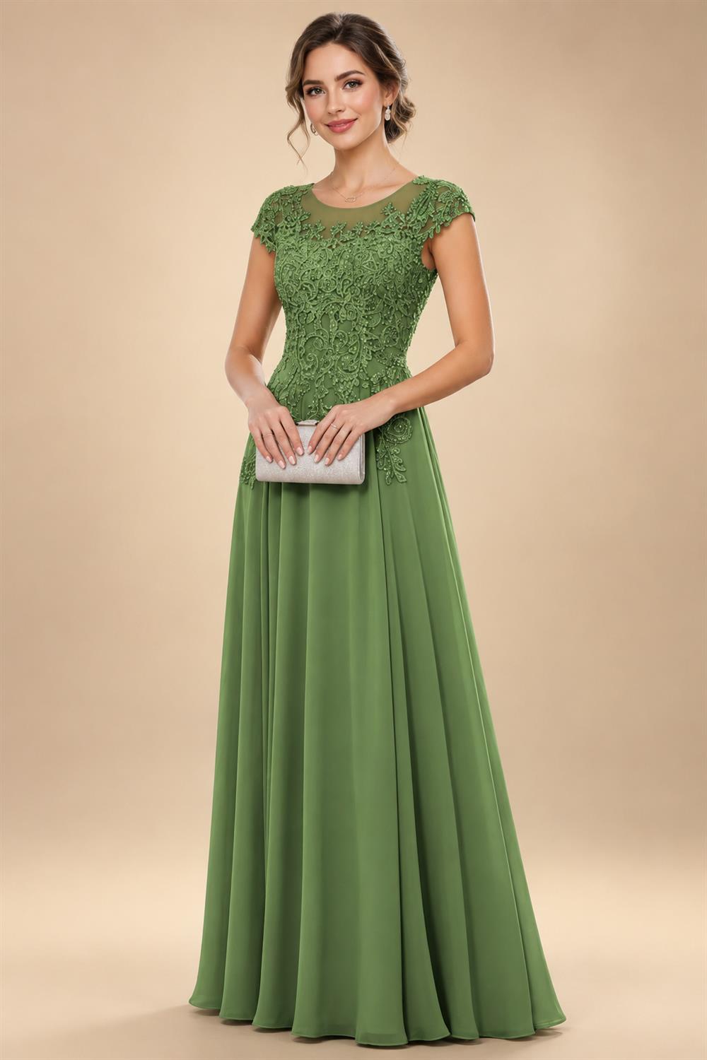 A-Line/Princess Scoop Neck Cap Sleeve Floor-Length Mother of the Bride Dresses with Lace Applique (SHI22500008)