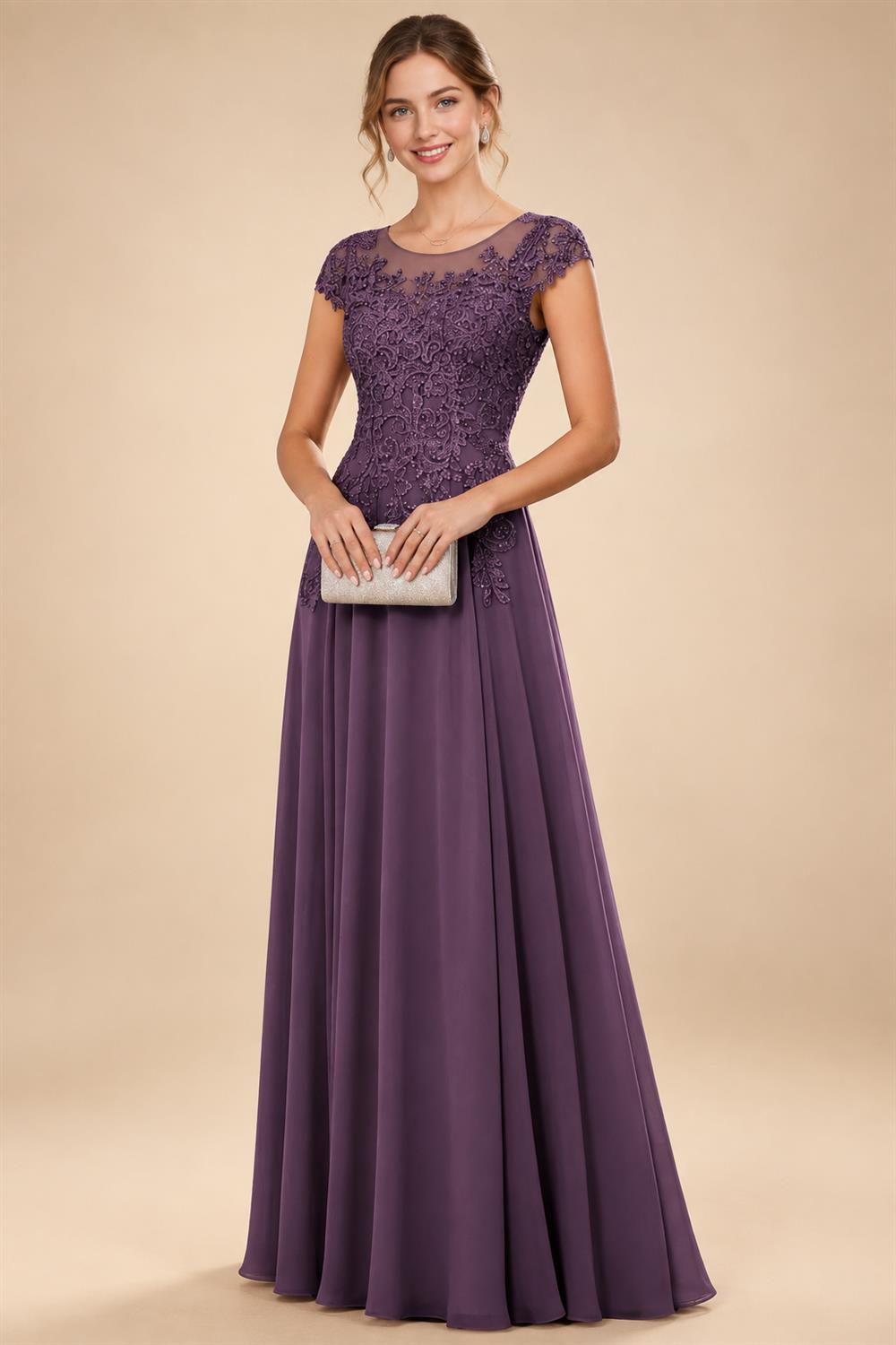 A-Line/Princess Scoop Neck Cap Sleeve Floor-Length Mother of the Bride Dresses with Lace Applique (SHI22500008)