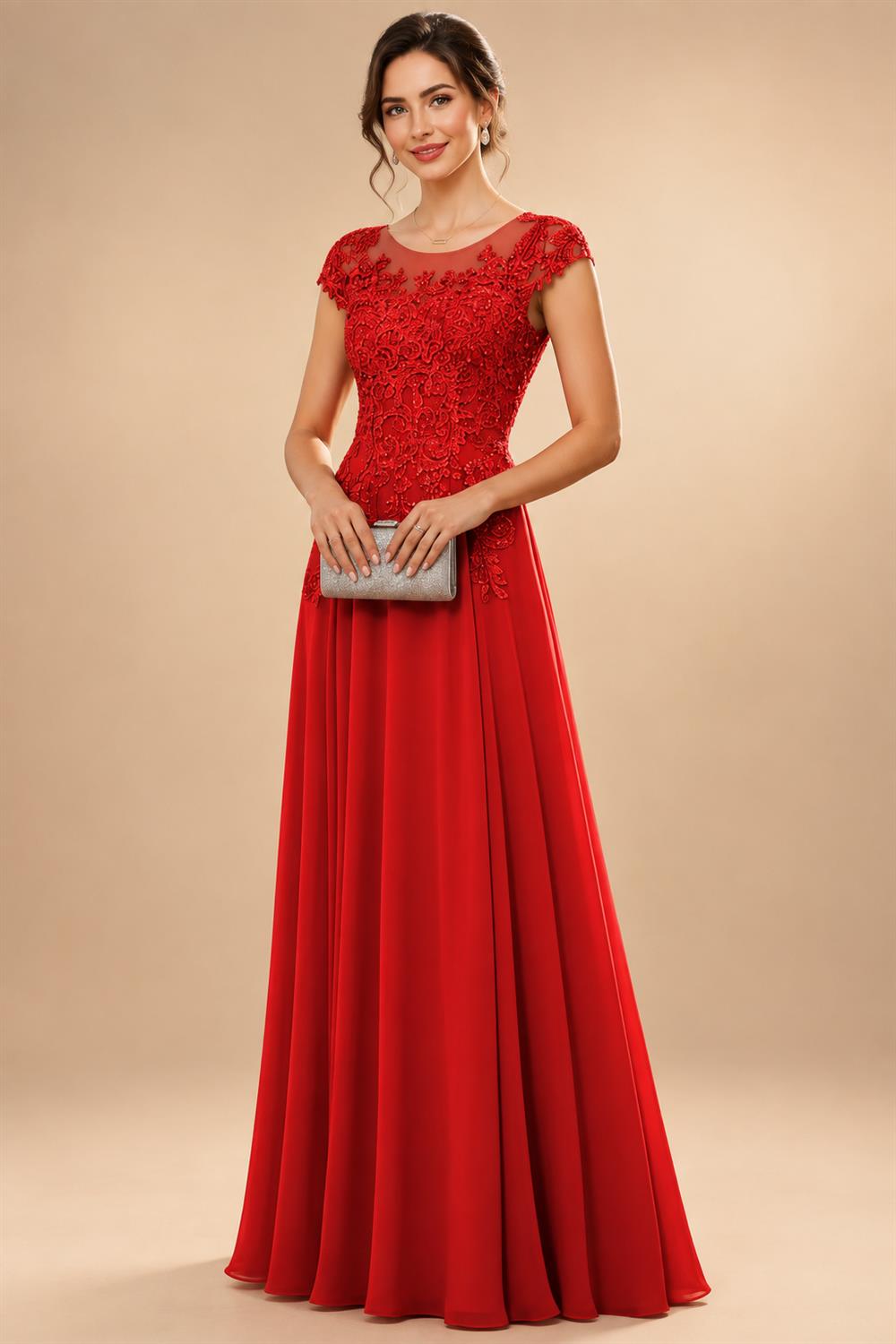 A-Line/Princess Scoop Neck Cap Sleeve Floor-Length Mother of the Bride Dresses with Lace Applique (SHI22500008)