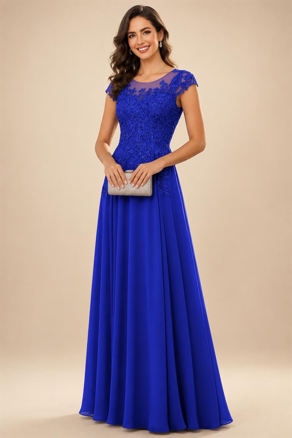 A-Line/Princess Scoop Neck Cap Sleeve Floor-Length Mother of the Bride Dresses with Lace Applique (SHI22500008)