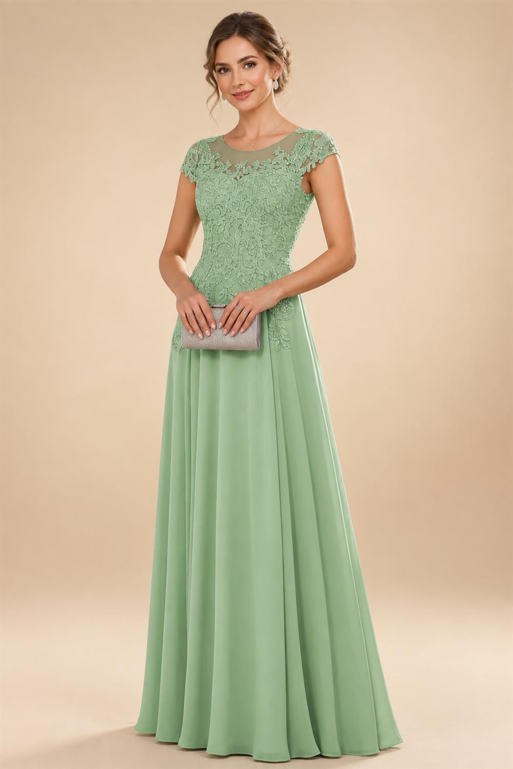 A-Line/Princess Scoop Neck Cap Sleeve Floor-Length Mother of the Bride Dresses with Lace Applique (SHI22500008)