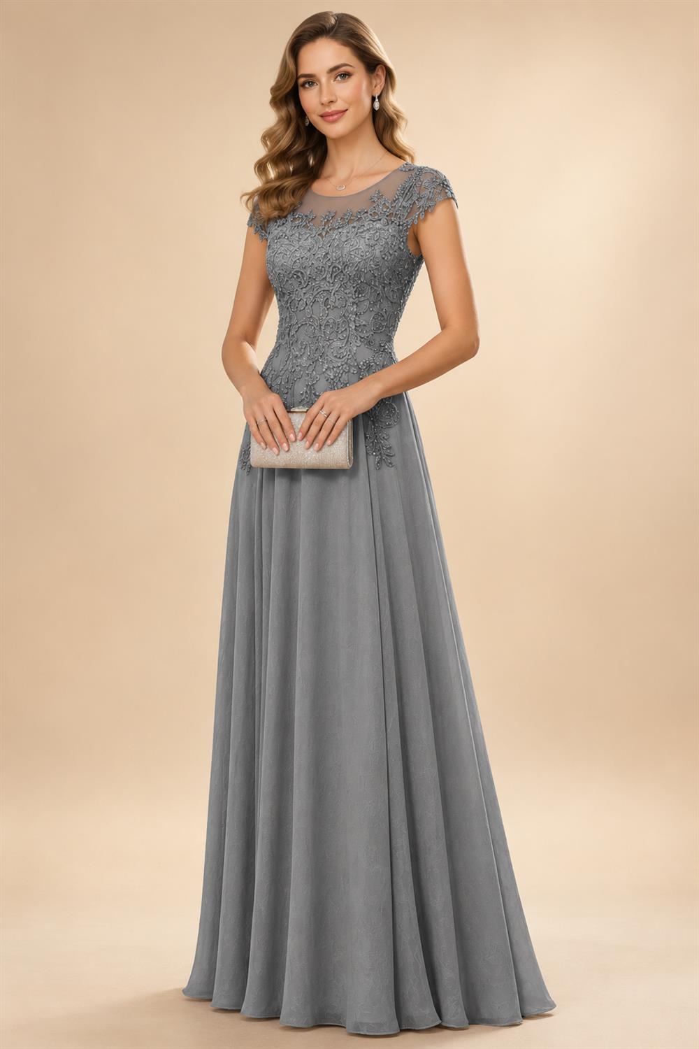 A-Line/Princess Scoop Neck Cap Sleeve Floor-Length Mother of the Bride Dresses with Lace Applique (SHI22500008)