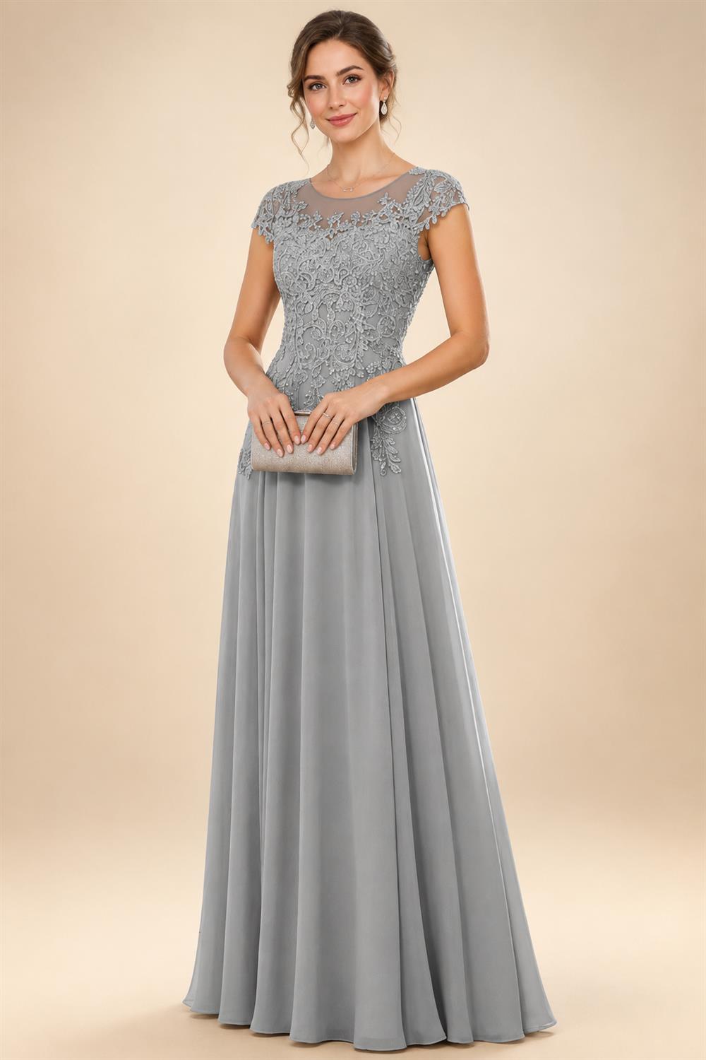 A-Line/Princess Scoop Neck Cap Sleeve Floor-Length Mother of the Bride Dresses with Lace Applique (SHI22500008)