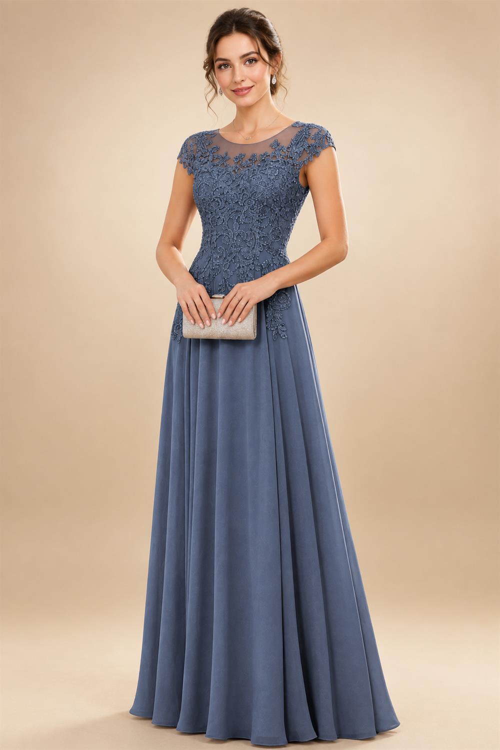 A-Line/Princess Scoop Neck Cap Sleeve Floor-Length Mother of the Bride Dresses with Lace Applique (SHI22500008)