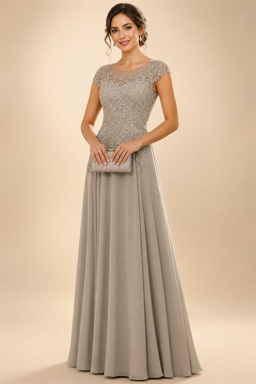 A-Line/Princess Scoop Neck Cap Sleeve Floor-Length Mother of the Bride Dresses with Lace Applique (SHI22500008)