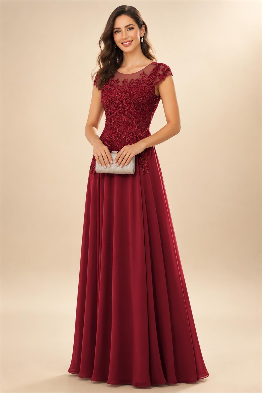 A-Line/Princess Scoop Neck Cap Sleeve Floor-Length Mother of the Bride Dresses with Lace Applique (SHI22500008)