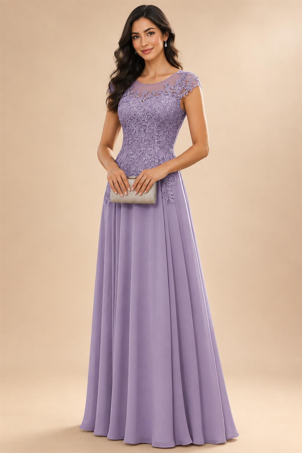 A-Line/Princess Scoop Neck Cap Sleeve Floor-Length Mother of the Bride Dresses with Lace Applique (SHI22500008)