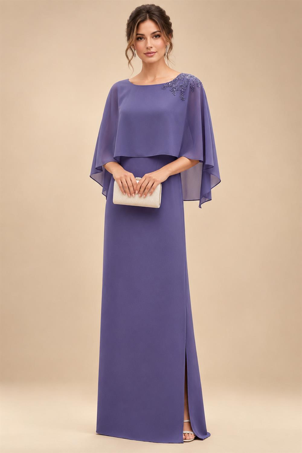Cape Sleeve Floral Jacquard Satin Tea-Length Ruched Mother of the Bride Dresses 2 Piece (SHIA22500528)