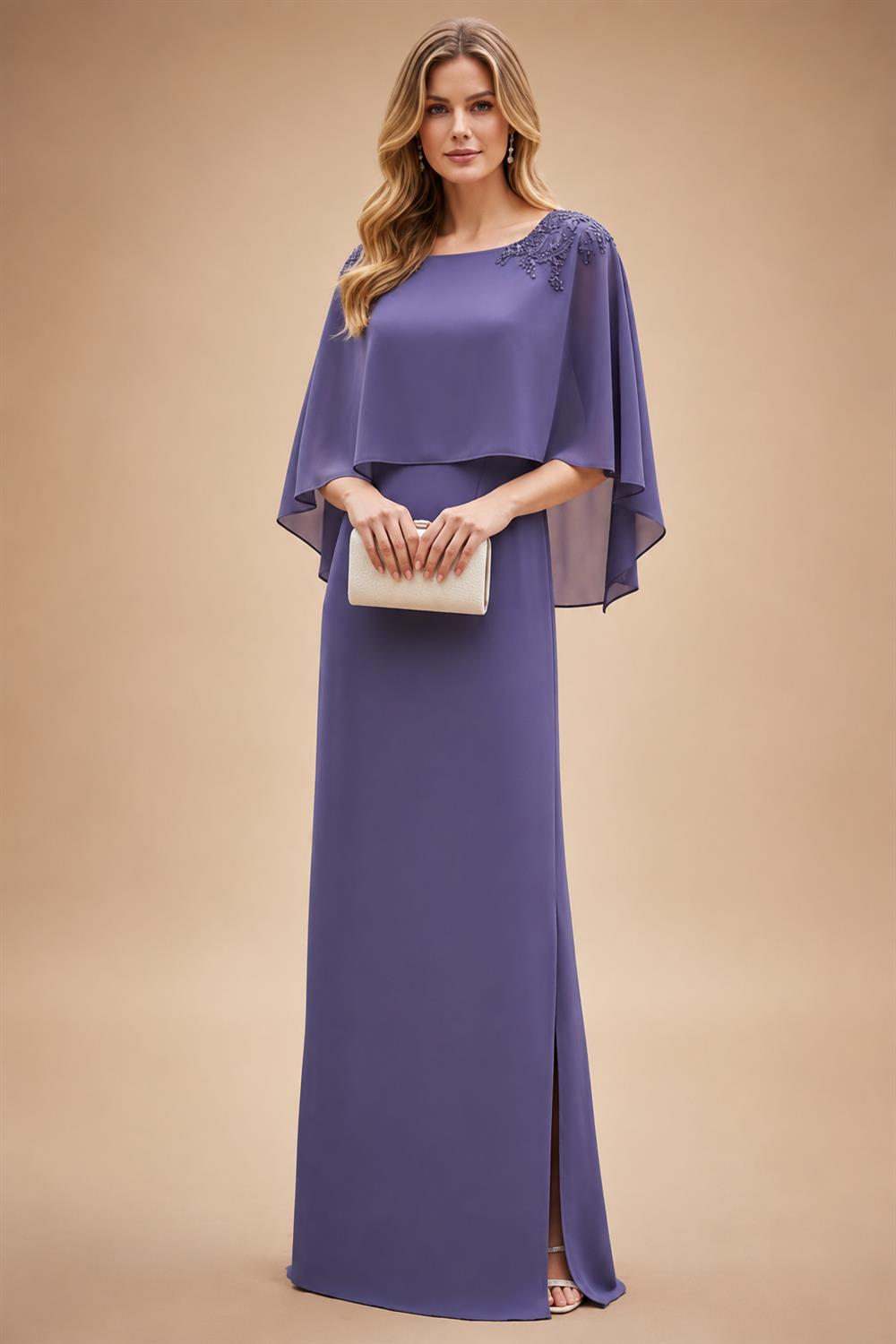 Cape Sleeve Floral Jacquard Satin Tea-Length Ruched Mother of the Bride Dresses 2 Piece (SHIA22500528)