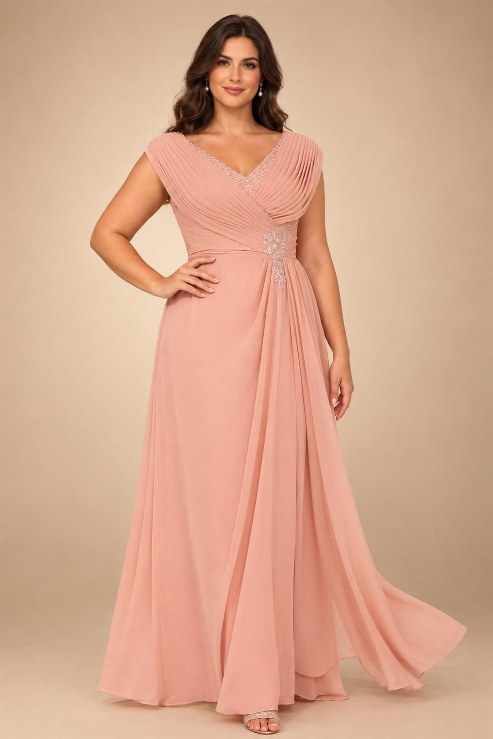 A-Line Chiffon Cape Sleeves Floor-Length Mother of the Bride & Groom Dresses with Ruched Waist (SHI22500705)