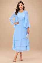 A-Line/Princess Pleated Two-Piece Tea-Length Mother of the Bride Dresses with Cascading Ruffles (SHI22500054)