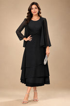 A-Line/Princess Pleated Two-Piece Tea-Length Mother of the Bride Dresses with Cascading Ruffles (SHI22500054)