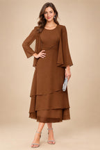 A-Line/Princess Pleated Two-Piece Tea-Length Mother of the Bride Dresses with Cascading Ruffles (SHI22500054)