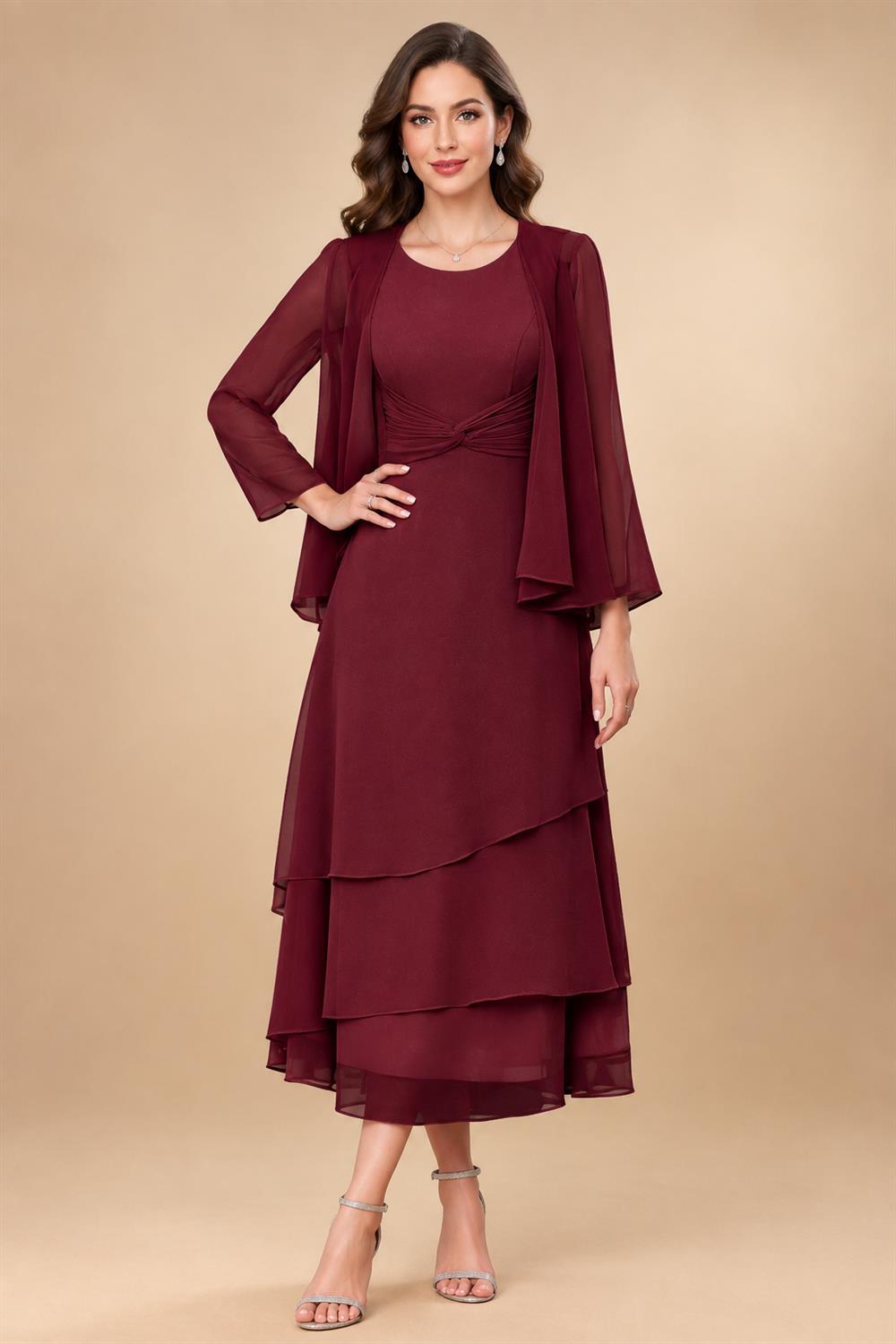 A-Line/Princess Pleated Two-Piece Tea-Length Mother of the Bride Dresses with Cascading Ruffles (SHI22500054)