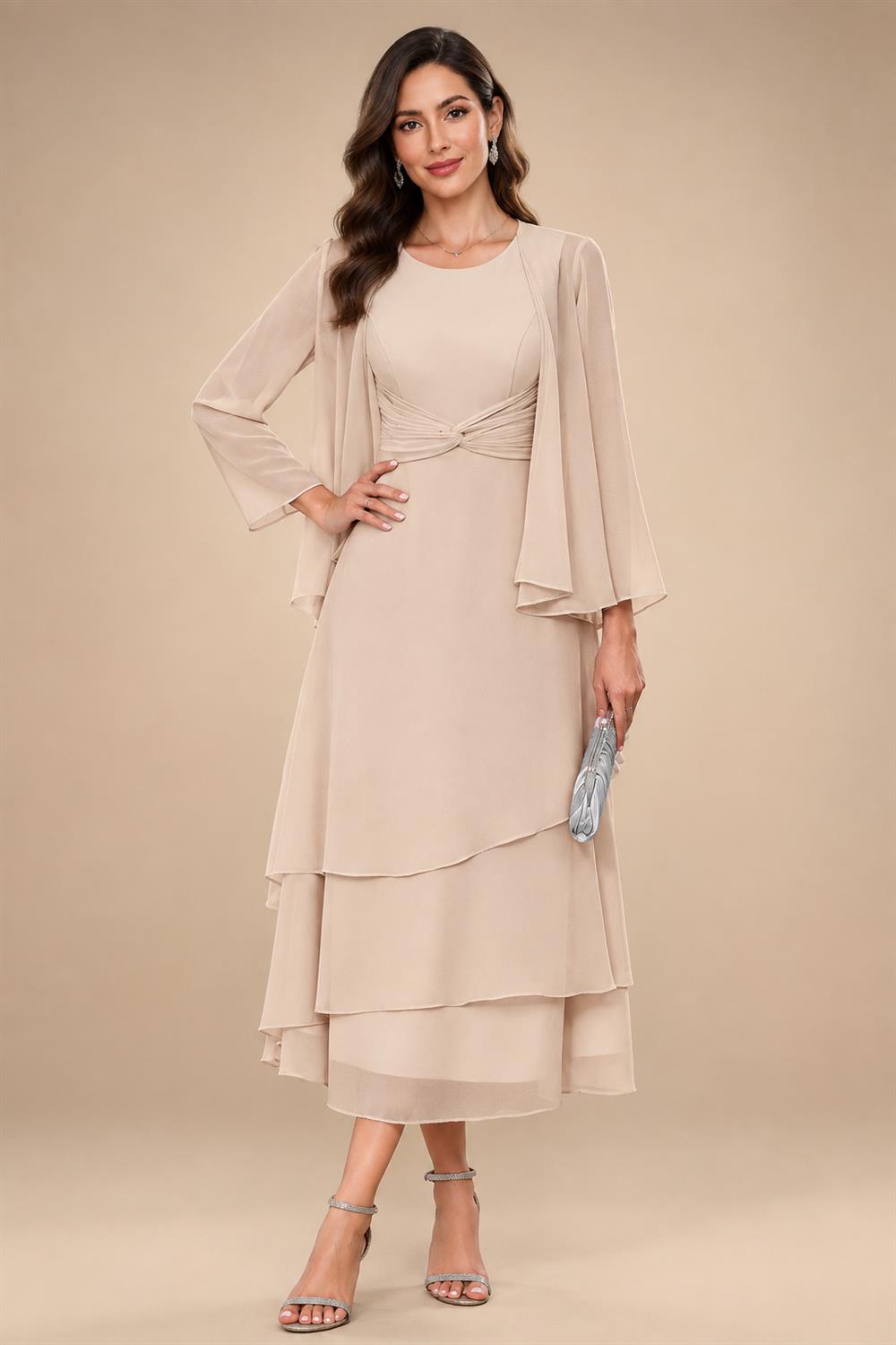 A-Line/Princess Pleated Two-Piece Tea-Length Mother of the Bride Dresses with Cascading Ruffles (SHI22500054)