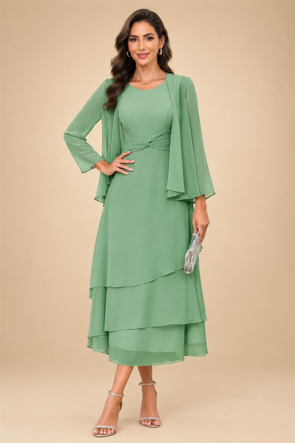 A-Line/Princess Pleated Two-Piece Tea-Length Mother of the Bride Dresses with Cascading Ruffles (SHI22500054)