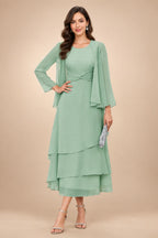 A-Line/Princess Pleated Two-Piece Tea-Length Mother of the Bride Dresses with Cascading Ruffles (SHI22500054)