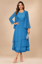 A-Line/Princess Pleated Two-Piece Tea-Length Mother of the Bride Dresses with Cascading Ruffles (SHI22500054)