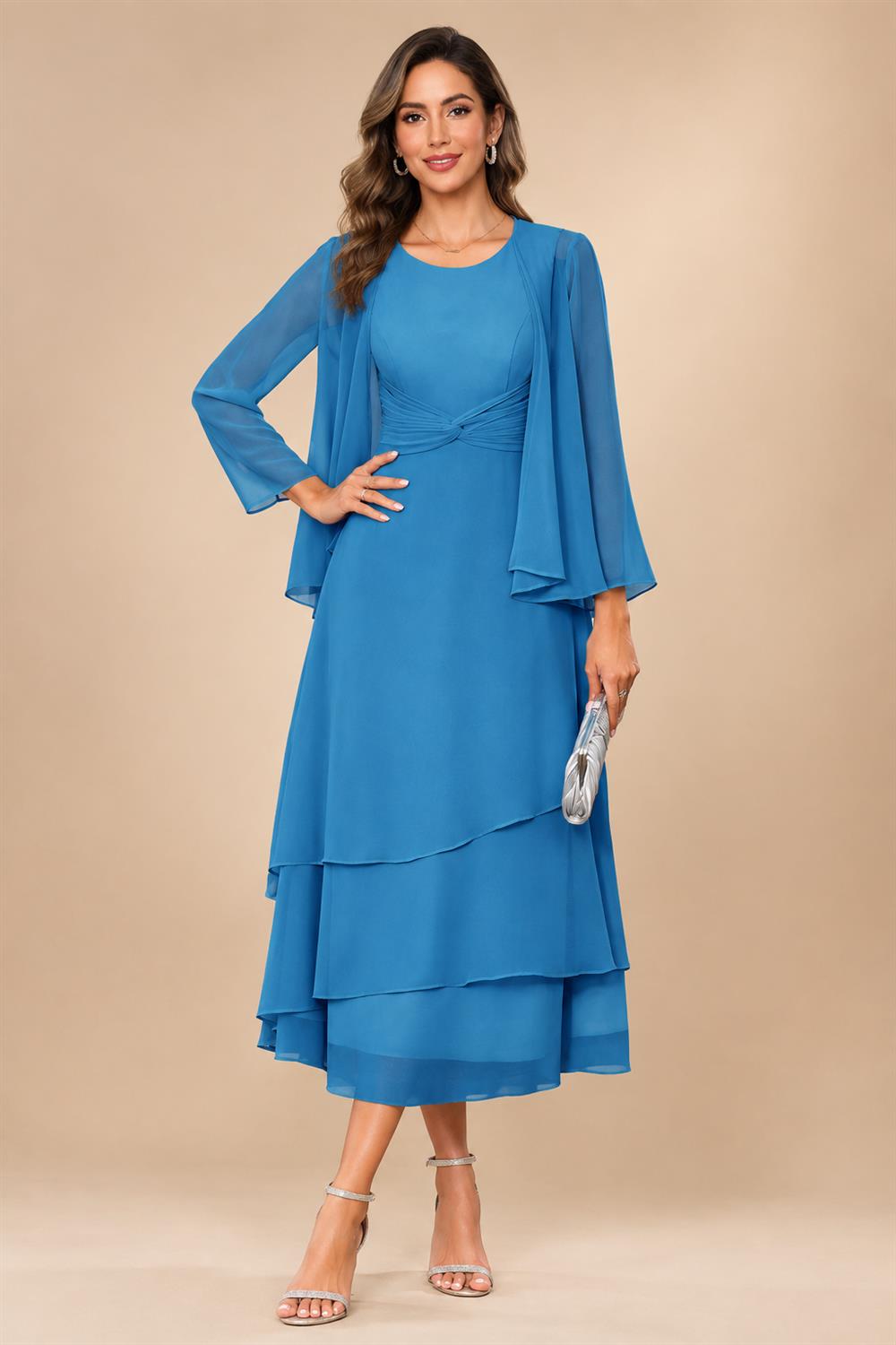 A-Line/Princess Pleated Two-Piece Tea-Length Mother of the Bride Dresses with Cascading Ruffles (SHI22500054)