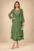 A-Line/Princess Pleated Two-Piece Tea-Length Mother of the Bride Dresses with Cascading Ruffles (SHI22500054)