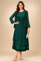 A-Line/Princess Pleated Two-Piece Tea-Length Mother of the Bride Dresses with Cascading Ruffles (SHI22500054)