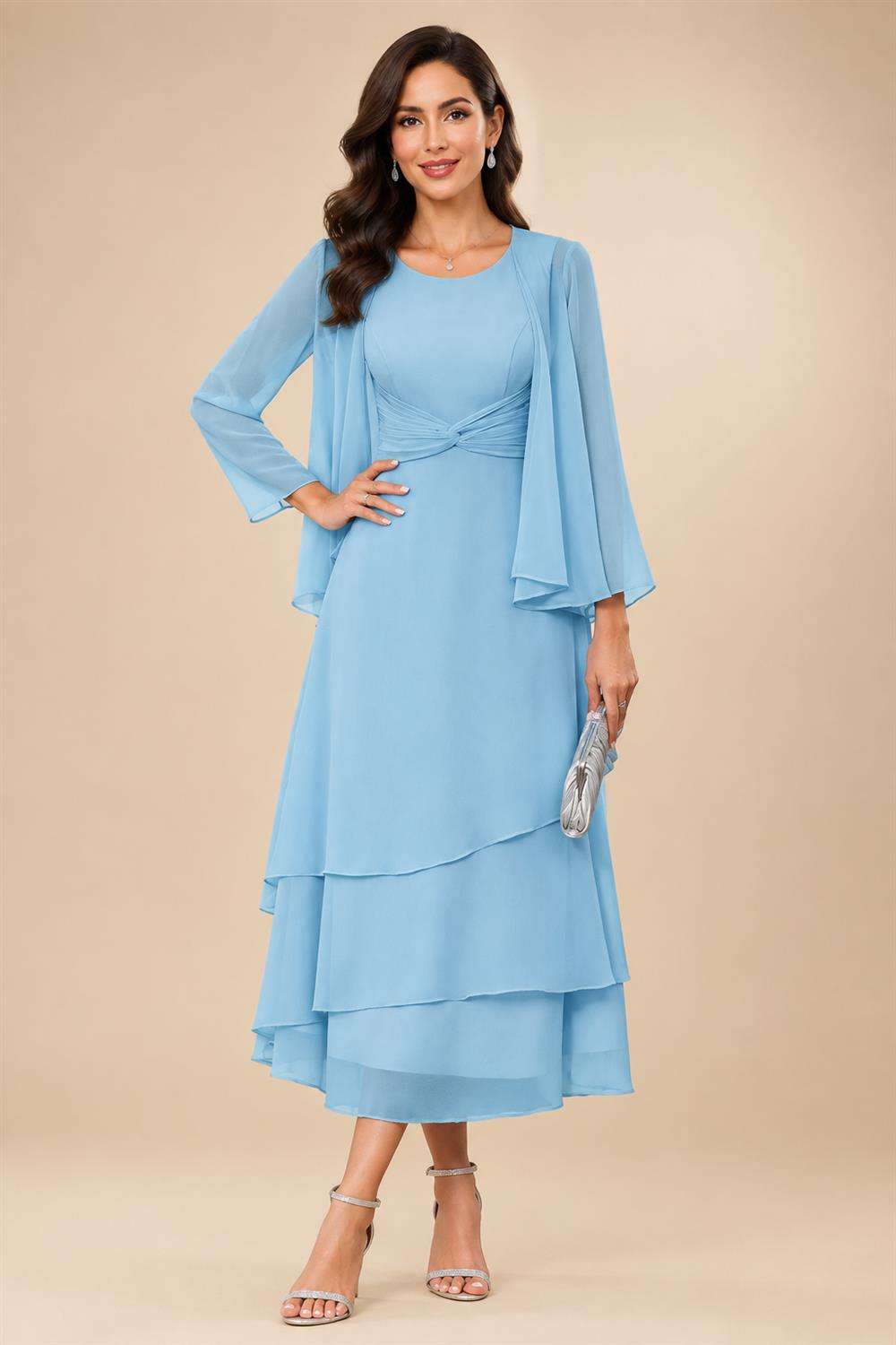 A-Line/Princess Pleated Two-Piece Tea-Length Mother of the Bride Dresses with Cascading Ruffles (SHI22500054)