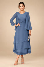 A-Line/Princess Pleated Two-Piece Tea-Length Mother of the Bride Dresses with Cascading Ruffles (SHI22500054)