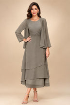 A-Line/Princess Pleated Two-Piece Tea-Length Mother of the Bride Dresses with Cascading Ruffles (SHI22500054)