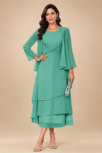 A-Line/Princess Pleated Two-Piece Tea-Length Mother of the Bride Dresses with Cascading Ruffles (SHI22500054)