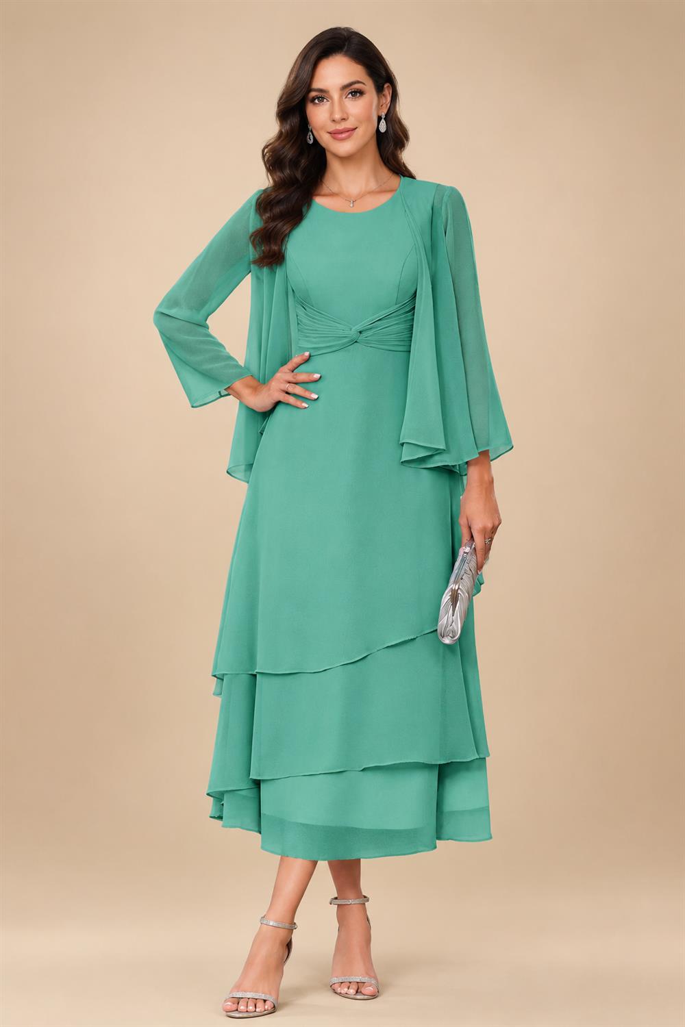 A-Line/Princess Pleated Two-Piece Tea-Length Mother of the Bride Dresses with Cascading Ruffles (SHI22500054)