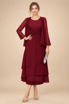 A-Line/Princess Pleated Two-Piece Tea-Length Mother of the Bride Dresses with Cascading Ruffles (SHI22500054)