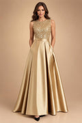A-Line/Princess Scoop Neck Pleated Satin Evening Dresses with Sequins (SHI22500066)