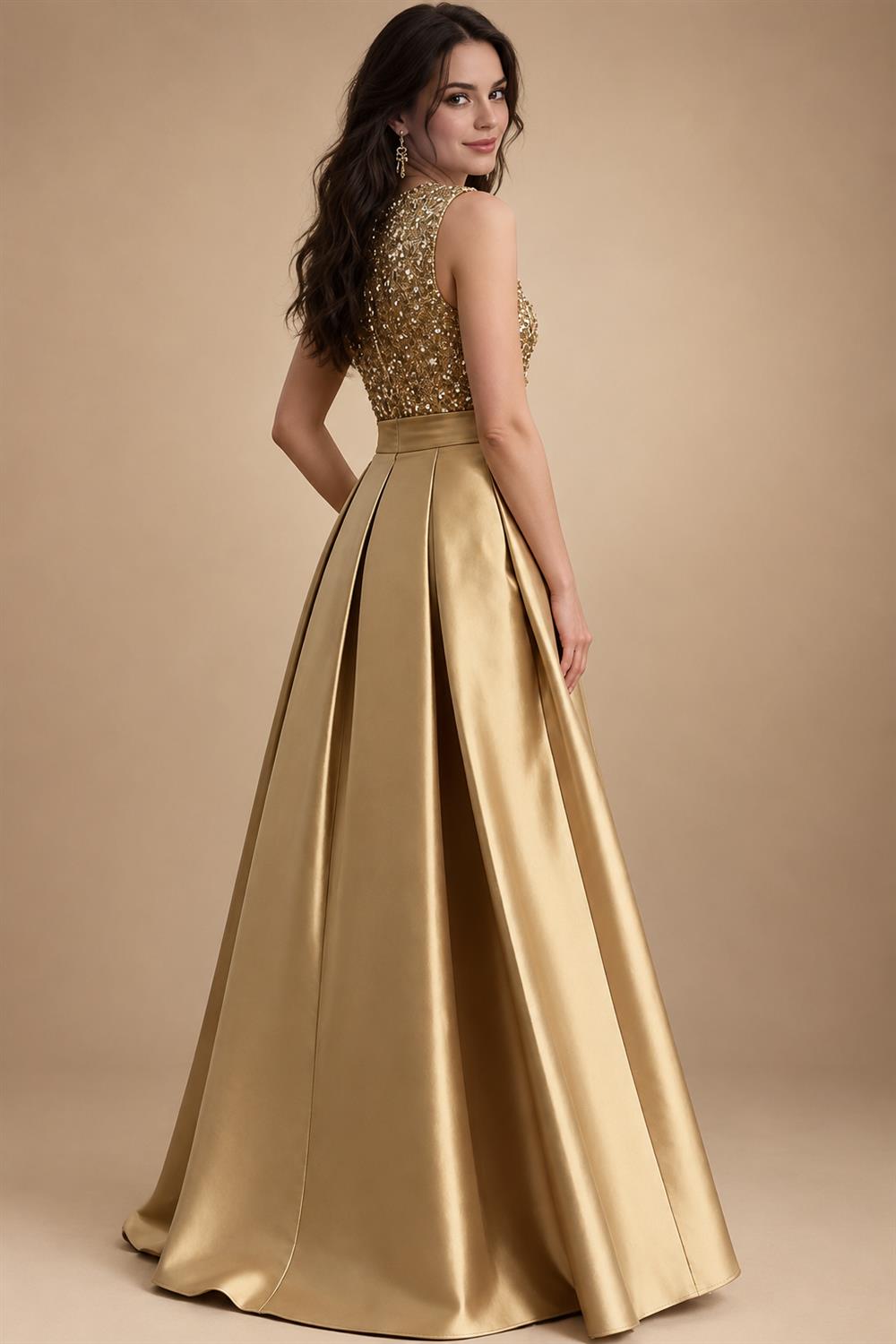 A-Line/Princess Scoop Neck Pleated Satin Evening Dresses with Sequins (SHI22500066)