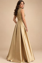 A-Line/Princess Scoop Neck Pleated Satin Evening Dresses with Sequins (SHI22500066)