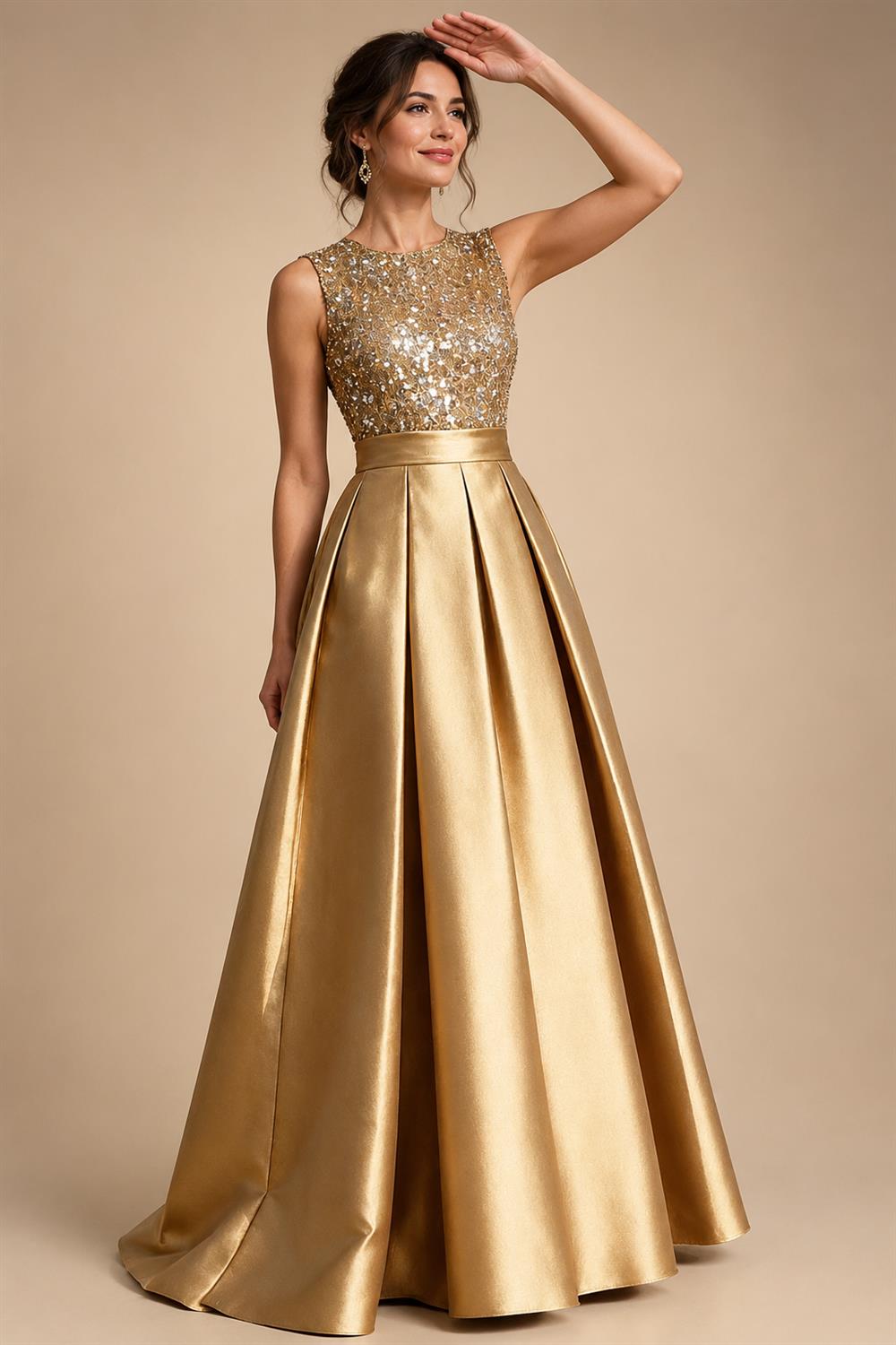 A-Line/Princess Scoop Neck Pleated Satin Evening Dresses with Sequins (SHI22500066)
