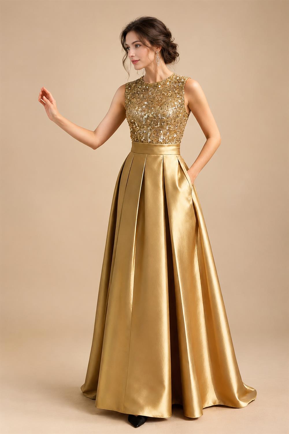 A-Line/Princess Scoop Neck Pleated Satin Evening Dresses with Sequins (SHI22500066)