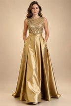 A-Line/Princess Scoop Neck Pleated Satin Evening Dresses with Sequins (SHI22500066)