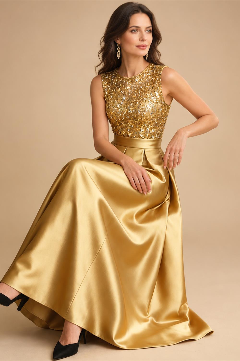 A-Line/Princess Scoop Neck Pleated Satin Evening Dresses with Sequins (SHI22500066)