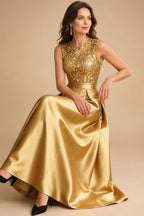 A-Line/Princess Scoop Neck Pleated Satin Evening Dresses with Sequins (SHI22500066)
