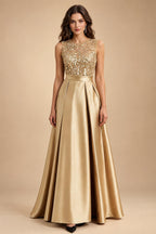 A-Line/Princess Scoop Neck Pleated Satin Evening Dresses with Sequins (SHI22500066)
